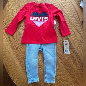 NWT Sz 18m Levi’s Red Long Sleeve Screen Print Top & Light Wash Skinny Jeans